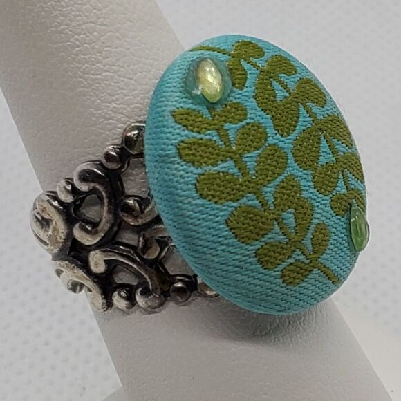 Vintage Blue & Green Floral Button Ring - Picture 3 of 7